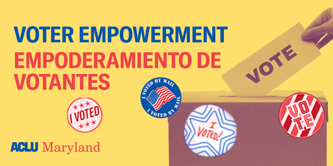 Yellow background with text that says, "Voter empowerment. Empoderamiento de votantes." There are four voting stickers and a hand putting a ballot in a ballot box.