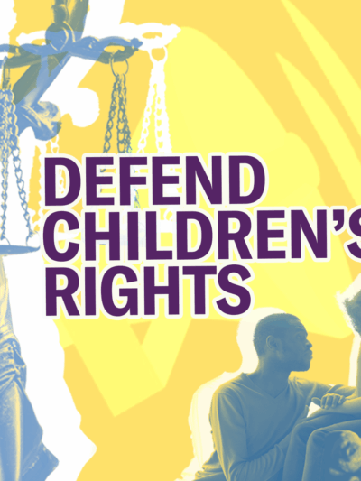Defend Children's Rights! The legal justice scales statue is on the left side with a blue and yellow gradient. A Black parent with their Black child are in the bottom right corner, also with a blue and yellow gradient. The child has their head down.