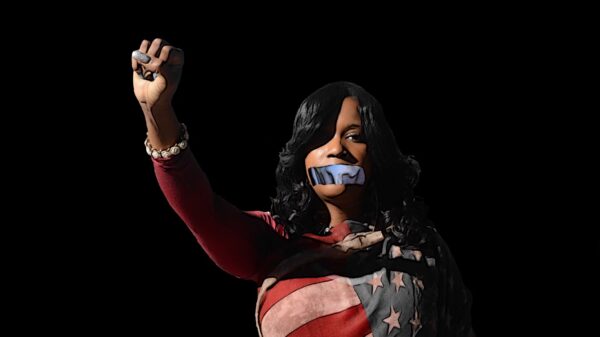 Forced Silence Condones Police Violence - Image of a black woman wrapped in american flag with a raised