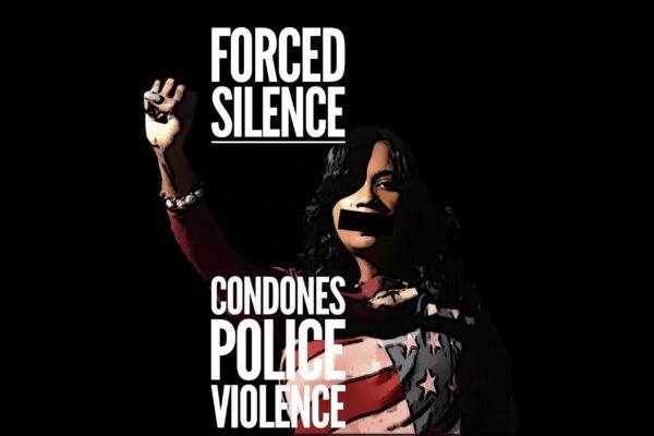 Forced Silence Condones Police Violence - Image of a black woman wrapped in american flag