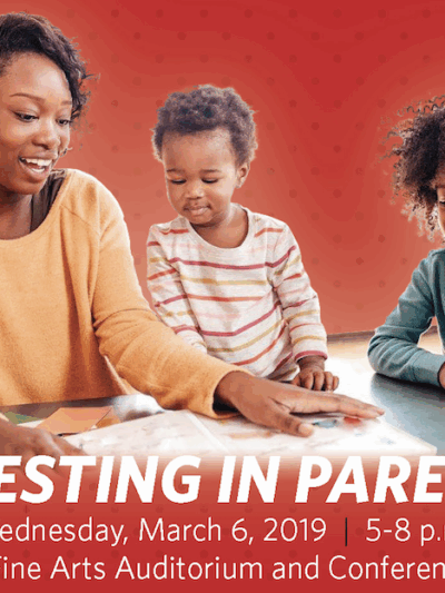 A parent and two children looking at a book. Title: Investing in Parents