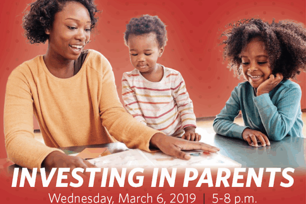 A parent and two children looking at a book. Title: Investing in Parents