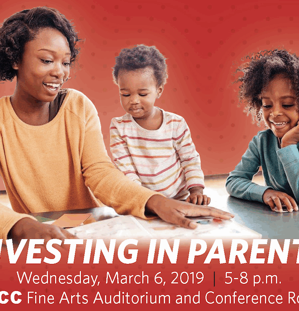 A parent and two children looking at a book. Title: Investing in Parents