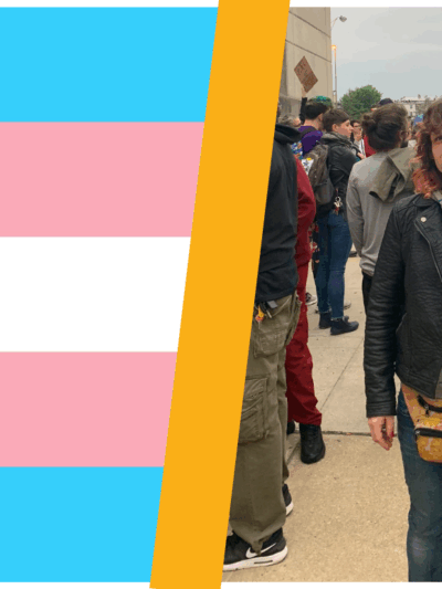 Trans Flag and Opal a trans woman in a black leather jacket with a fanny pack