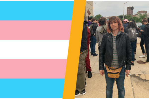 Trans Flag and Opal a trans woman in a black leather jacket with a fanny pack