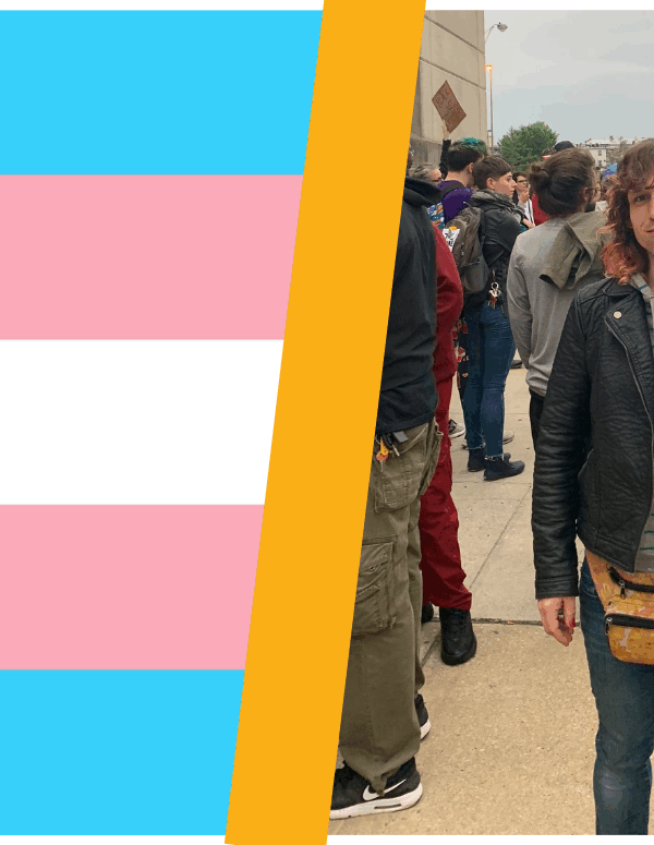 Trans Flag and Opal a trans woman in a black leather jacket with a fanny pack