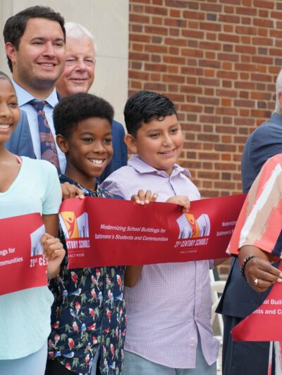 Arlington Elementary Middle School Baltimore City ribbon cutting with students, Council President Brandon Scott, and Speaker of the House Adrienne Jones