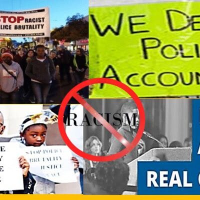 Collage of pictures and red circle with slash. We demand police accountability!