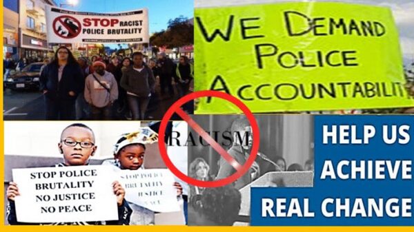 Collage of pictures and red circle with slash. We demand police accountability!