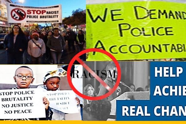 Collage of pictures and red circle with slash. We demand police accountability!