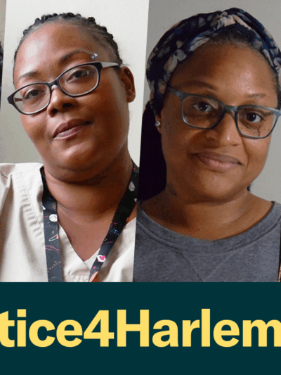 Photos of the four clients in the Harlem Park case Holmes v Baltimore Police Department with a dark green rectangle below with #Justice4HarlemPark in bold yellow letters