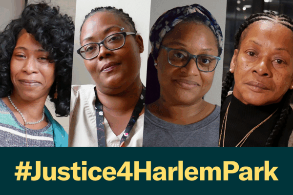 Photos of the four clients in the Harlem Park case Holmes v Baltimore Police Department with a dark green rectangle below with #Justice4HarlemPark in bold yellow letters