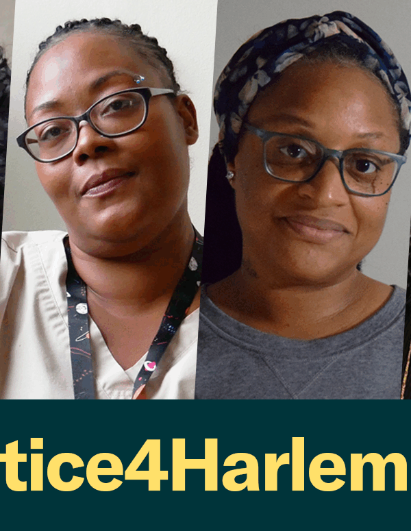 Photos of the four clients in the Harlem Park case Holmes v Baltimore Police Department with a dark green rectangle below with #Justice4HarlemPark in bold yellow letters