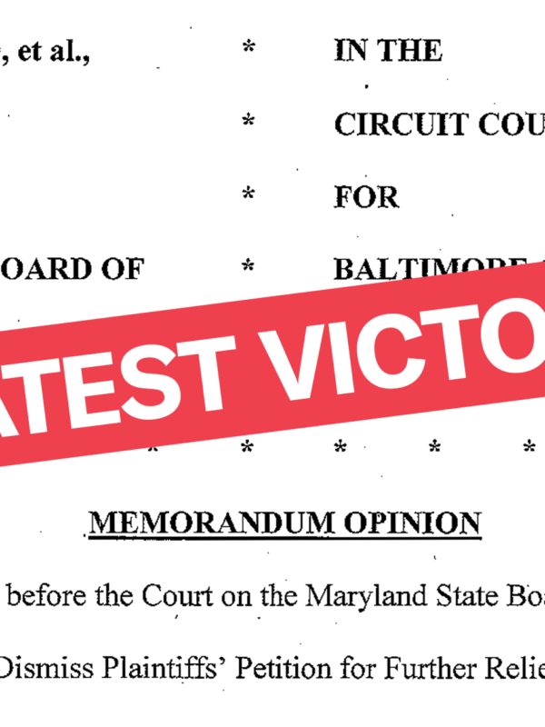 Image has first page of court opinion with "Latest Victory" in ACLU of Maryland and NAACP Legal Defense and Educational Fund Bradford lawsuit.