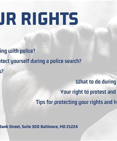 Know Your Rights - fist with a light gray overlay and blue wavy lines. ACLU of Maryland and Leafly logos in the bottom right corner.