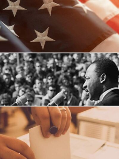 American Flag, martin luther king jr day and person voting with a ballot box