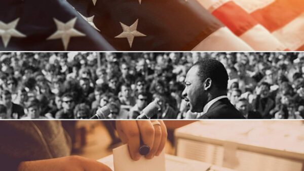 American Flag, martin luther king jr day and person voting with a ballot box