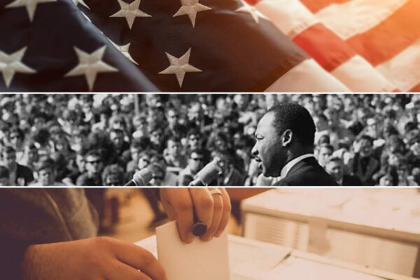 American Flag, martin luther king jr day and person voting with a ballot box
