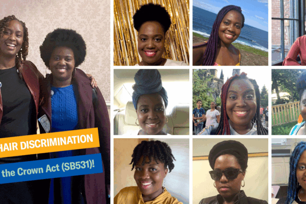 Image of Amber Taylor in a collage of nine photos of herself with different hairstyles, as well as one with Delegate Stephanie Smith, who is the sponsor of the Crown Act, SB531. Text on the image says, "End Hair Discrimination" and "Pass the Crown Act."