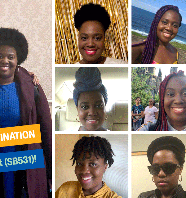 Image of Amber Taylor in a collage of nine photos of herself with different hairstyles, as well as one with Delegate Stephanie Smith, who is the sponsor of the Crown Act, SB531. Text on the image says, "End Hair Discrimination" and "Pass the Crown Act."