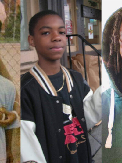 Collage of three photos of Emanuel Oates at different ages. The first photo he is young and with a girl hugging him. The second photo he is a little older. The third photo is is a little older and wearing a green hoodie.