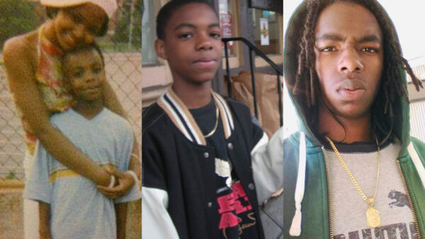 Collage of three photos of Emanuel Oates at different ages. The first photo he is young and with a girl hugging him. The second photo he is a little older. The third photo is is a little older and wearing a green hoodie.