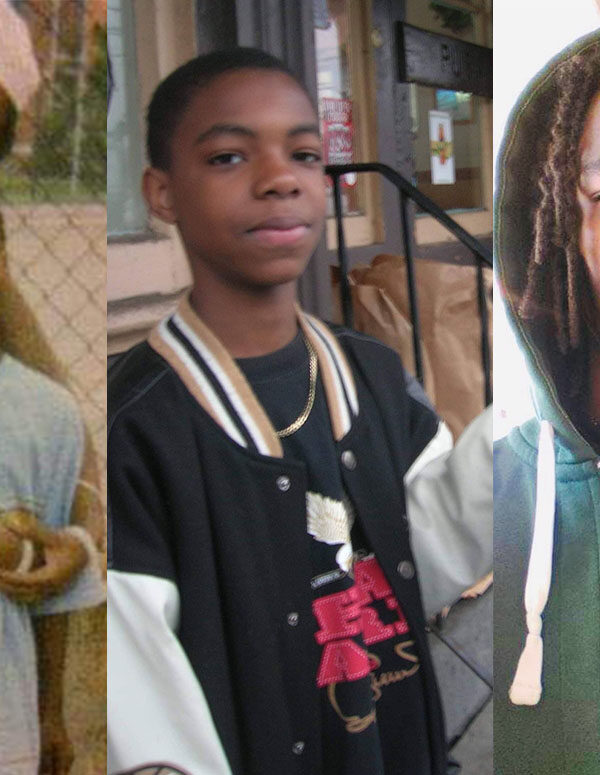 Collage of three photos of Emanuel Oates at different ages. The first photo he is young and with a girl hugging him. The second photo he is a little older. The third photo is is a little older and wearing a green hoodie.
