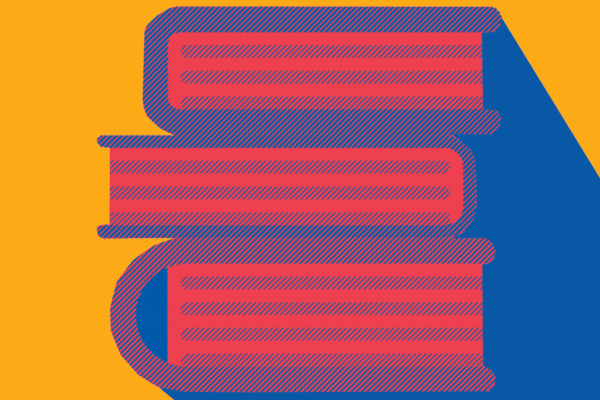 Yellow background with stacked books in red and blue.