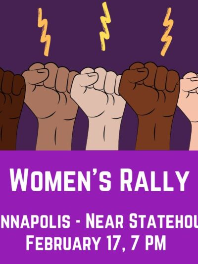 Women's Rally 2020 - purple background with many skin tones fist raised with yellow lightning bolts above the fists
