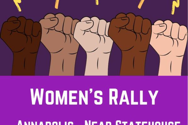 Women's Rally 2020 - purple background with many skin tones fist raised with yellow lightning bolts above the fists