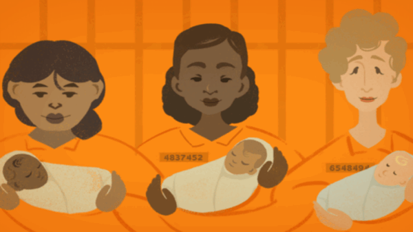 An illustration with three women, Brown, Black, and white, holding babies, with an orange background.