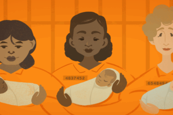 An illustration with three women, Brown, Black, and white, holding babies, with an orange background.