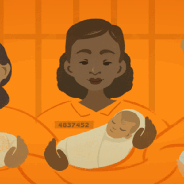 An illustration with three women, Brown, Black, and white, holding babies, with an orange background.