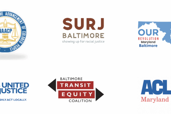 Baltimore County Justice Coalition logos - Jews United for Justice, NAACP, SURJ Baltimore, Our Revolution Maryland, Baltimore Transit Equity Coalition, and ACLU of Maryland
