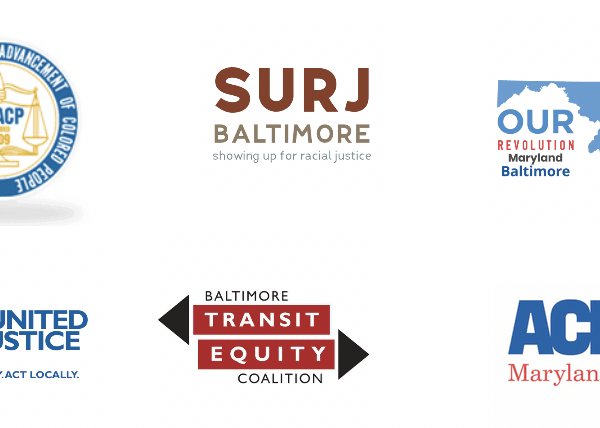 Baltimore County Justice Coalition logos - Jews United for Justice, NAACP, SURJ Baltimore, Our Revolution Maryland, Baltimore Transit Equity Coalition, and ACLU of Maryland