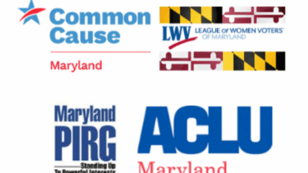 Logos for Common Cause Maryland, League of Women Voters of Maryland, Maryland PIRG, and ACLU of Maryland
