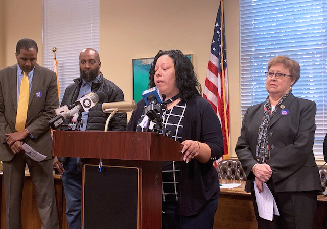 Martina Hazelton, one of the founding members of the Lifer Family Support Network, speaking at a press conference on parole reform.