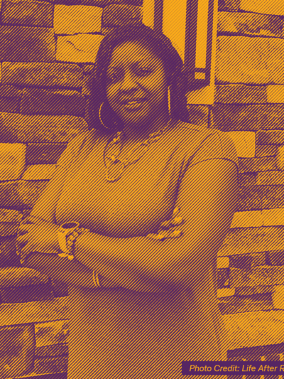 Photo of Qiana Johnson with a texture treatment over it in gold and purple.