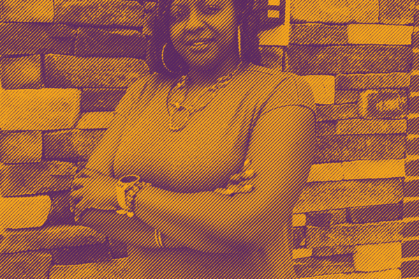 Photo of Qiana Johnson with a texture treatment over it in gold and purple.