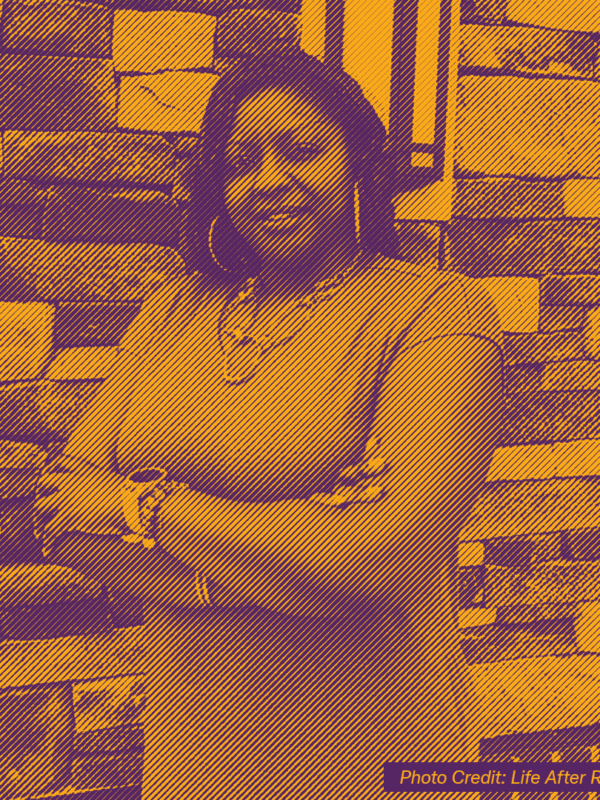 Photo of Qiana Johnson with a texture treatment over it in gold and purple.