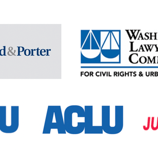 Logos for groups in the lawsuit, including ACLU of Maryland, ACLU, Public Justice Center, Arnold and Porter, and Washington Lawyers' Committee