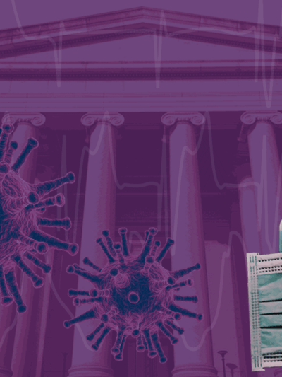 Coronavirus: Give Everyone a Fighting Chance - court building, COVID-19 particles, and hand sanitizer and a mask, with a purple overlay.
