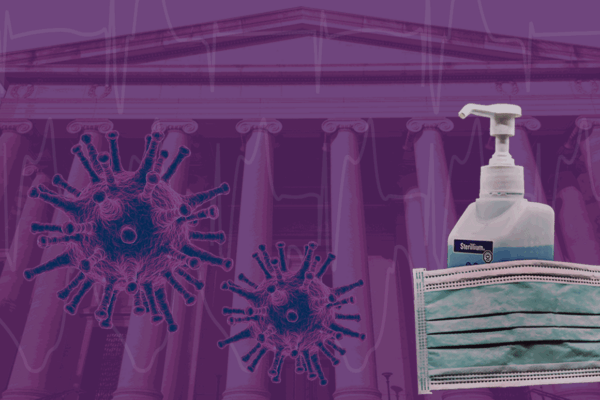Coronavirus: Give Everyone a Fighting Chance - court building, COVID-19 particles, and hand sanitizer and a mask, with a purple overlay.