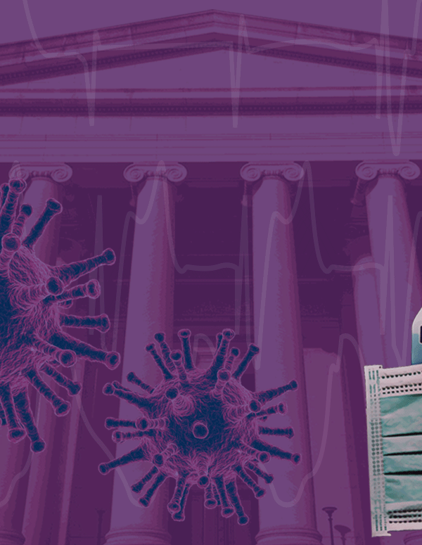 Coronavirus: Give Everyone a Fighting Chance - court building, COVID-19 particles, and hand sanitizer and a mask, with a purple overlay.