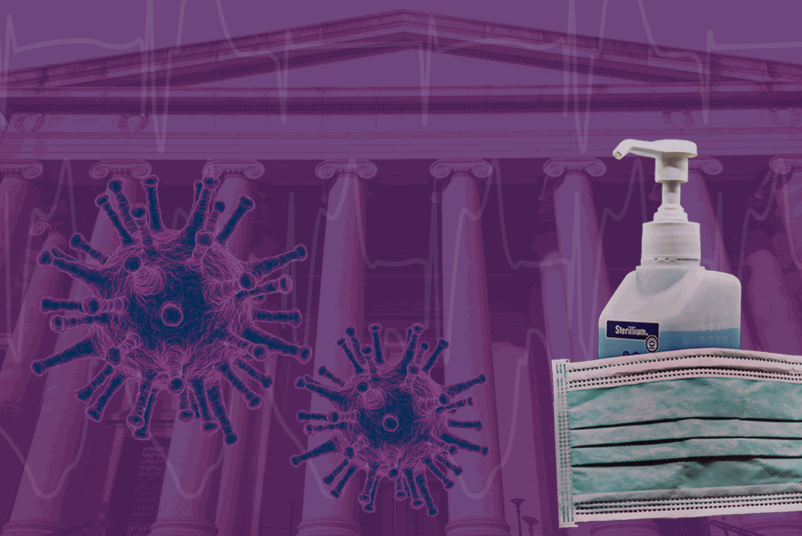 Coronavirus: Give Everyone a Fighting Chance - court building, COVID-19 particles, and hand sanitizer and a mask, with a purple overlay.