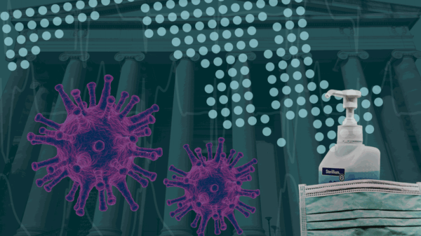 Collage with COVID-19 particle, a map of Maryland, and hand sanitizer and a mask