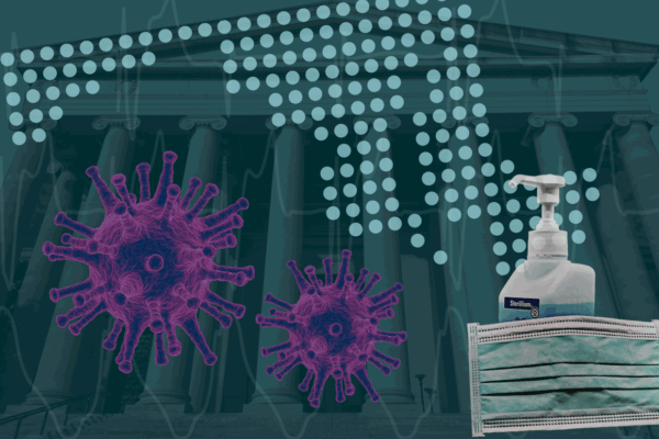 Collage with COVID-19 particle, a map of Maryland, and hand sanitizer and a mask