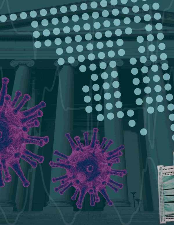 COVID-19 and the ACLU of Maryland's Work - coronavirus particles, a map of Maryland, hand sanitizer, face mask, and a court building.