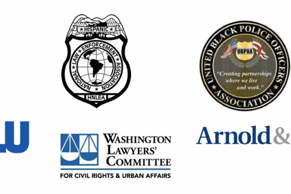 Logos for ACLU of Maryland, Washington Lawyers Committee, Arnold and Porter, HNLEA, and United Black Police Officers Association