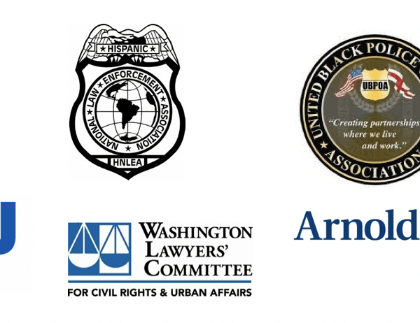 Logos for ACLU of Maryland, Washington Lawyers Committee, Arnold and Porter, HNLEA, and United Black Police Officers Association